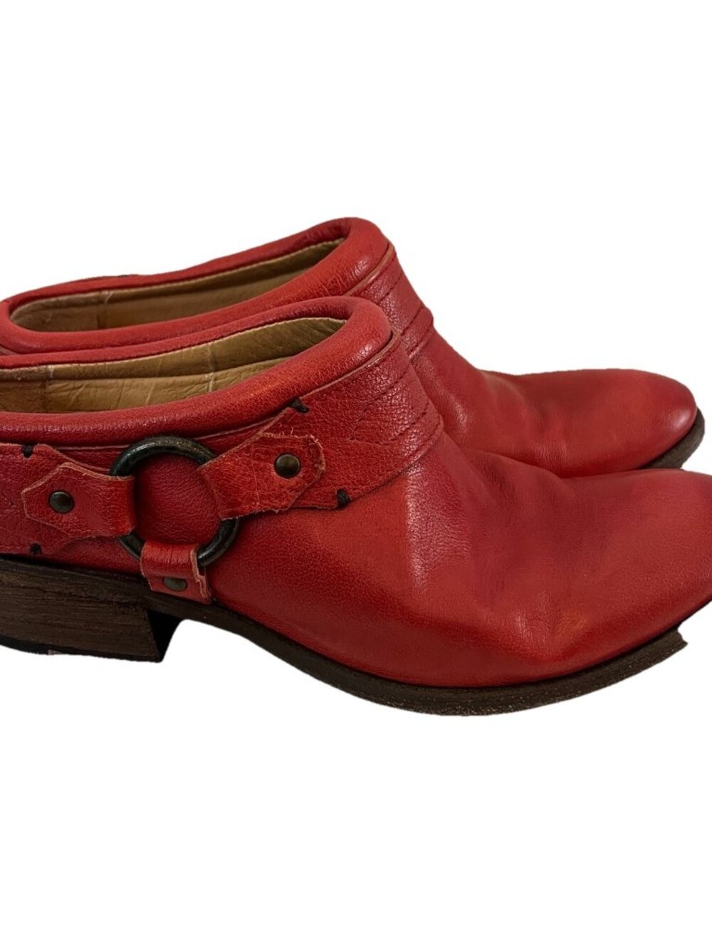 Frye Red Leather Harness Mules 9 Womens Biker Moto Almond Toe Slip On Low Heel - Picture 2 of 11